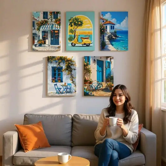 Set of 5 Italian Vintage Homes Theme Phototiles for wall decoration/ wooden wall phototiles